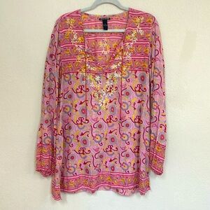 Lucky brand womans boho embroidered paisley peasant tunic top size XL